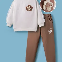 Mark & Mia Full Sleeves Winter Wear T-Shirt & Joggers Set With Floral Applique - White & Brown-picture-25