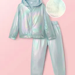 Hola Bonita Knit Full Sleeves Shiny Party Hooded Top & Pant Set - Light Blue-image-83