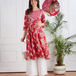 Bella Mama Woven Three Fourth Sleeves Maternity Suit Set with Floral Embroidered Yoke - Pink-picture-22