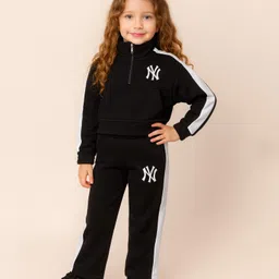 Little Marine Cotton Blend Knit Full Sleeves NY Text Printed Top With Pant Set - Black & White-picture-27