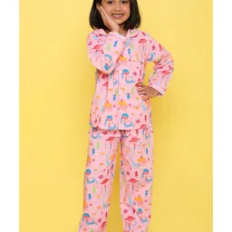 Knitting Doodles Premium Cotton Full Sleeves Mermaid Printed Coordinating Night Suit - Pink image 3