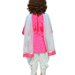 Saka Designs By Sapna Three Fourth Sleeves Ethnic Motif Foil Printed With Mirror Work Lace Embellished Kurta & Dhoti With Dupatta - Fuchsia Pink & Blue image 3