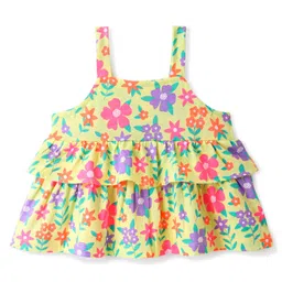 Babyhug 100% Cotton Knit Sleeveless Top with Smocking and Floral Print - Multicolour image 2