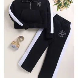 Little Marine Cotton Blend Knit Full Sleeves NY Text Printed Top With Pant Set - Black & White image 3