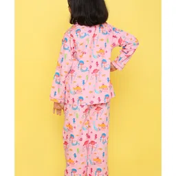 Knitting Doodles Premium Cotton Full Sleeves Mermaid Printed Coordinating Night Suit - Pink image 4