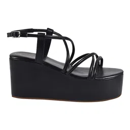 Shoetopia Solid Platform Heeled Gladiator Sandals - Black image 4