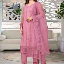 GUNVANTI FAB Paisley Embroidered Sweetheart Neck Straight Kurta With Trousers & Dupatta image 5