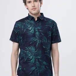 HIGHLANDER Men Navy Blue & Green Slim Fit Printed Casual Shirt image 1