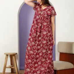 Sweet Dreams Maroon Cotton Floral Night Dress image 4