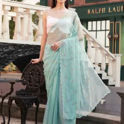 Tikhi Imli Blue Embroidered Saree with Unstitched Blouse image 1