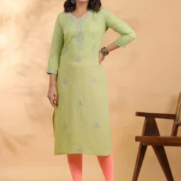 READIPRINT FASHIONS Green Embroidered Straight Kurta image 1
