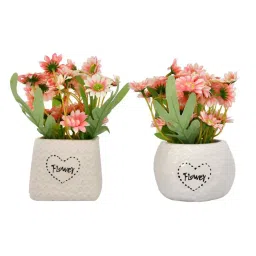 Tayhaa White Ceramic Pots With Artificial Daisies - Set of 2 image 2