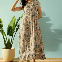 The Kaftan Company Beige Cotton Printed Night Dress image 1