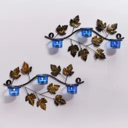 Homesake 'Maple Leaf Easter' Blue & Golden Metal Wall Mount Candle Holder - Set of 2-picture-31