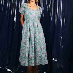 VIRGIO Green Cotton Print Short Sleeves Dress image 1