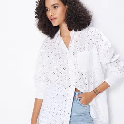 Cover Story White Self Design Schiffli Shirt image 1