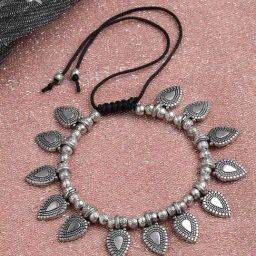 Panash Silver Toned Leaf Shaped Oxidized Charm Bracelet-picture-44