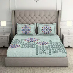 Spaces Crafted Lores Printed Light Green Cotton King Bed Sheet with 2 Pillow Covers image 2