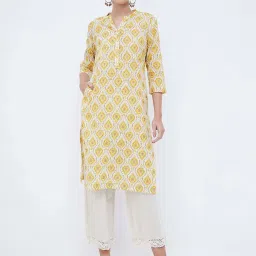 Melange by Lifestyle Mustard Cotton Printed Straight Kurta image 1