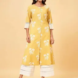Rangmanch by Pantaloons Amber Yellow Cotton Printed A Line Kurta image 1