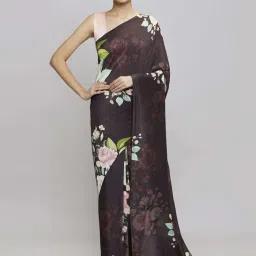 navyasa by liva Major Brown Floral Print Saree With Unstitched Blouse image 1
