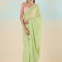 navyasa by liva Green Embroidered Saree With Unstitched Blouse image 1