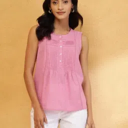 Fabindia Women's Pink Textured Round Neck Sleeveless Top-image-93