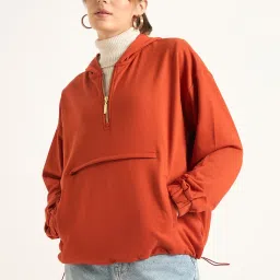 FEMMELLA Rust Relaxed Fit Solid Hooded Sweatshirt image 1