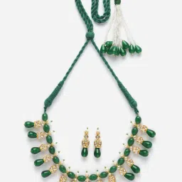 Dugran By Dugristyle Kundan & Pearls Green & Golden Necklace & Earring Set for Women image 2
