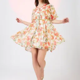 Globus Women White V-Neck Flared Sleeves Floral Print Tie-Up Detail Mini A-Line Dress-picture-23