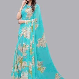 Satrani Turquoise Printed Saree With Unstitched Blouse Piece image 4