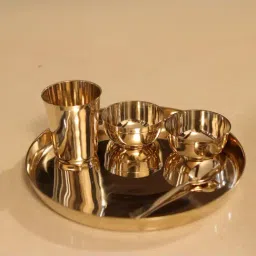 Indian Bartan Metallic Bronze Dinner Plate With Bowl, Glass & Spoon Set image 2