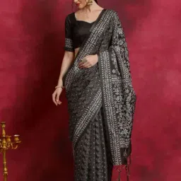 Saree Mall Black Silk Floral Print Saree With Unstitched Blouse-image-96