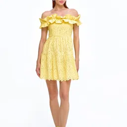 Cover Story Yellow Self Design Schiffli Skater Dress image 1