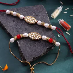 Sangria Kundan Stones & Beads Bhai Bhabhi Thread Rakhi comes with Roli & Rice-picture-18