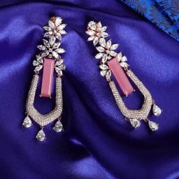 Priyaasi Pink Artificial Stone American Diamond Rose Gold-Plated Floral Dangler Earrings-picture-20