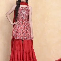 Biba Girls Ethnic Motifs Embroidered Kurta with Sharara & Dupatta-picture-58