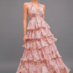 bebe Floral Print Halter Neck Ruffled Chiffon A-Line Maxi Dress-picture-10