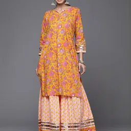 KSUT Women Yellow & Pink Floral Printed Regular Pure Cotton Kurti with Sharara-image-75