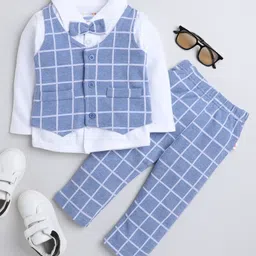 BUMZEE Full Sleeves Solid Shirt With Checked Waistcoat & Pant- Sky Blue & White-picture-12