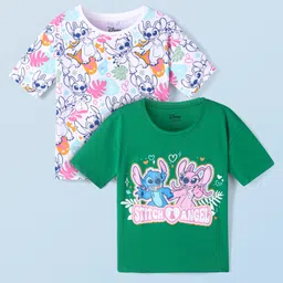 Honeyhap Disney Cotton Knit Half Sleeves T-Shirt With Lilo & Stitch Graphics Pack of 2 - Green & White-picture-28