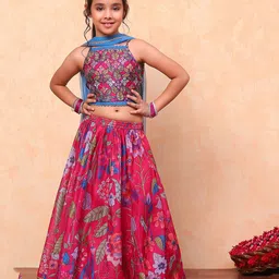 BIBA Sleevelesss Floral Printed Gota Lace Embellished Lehenga Choli With Dupatta - Pink-picture-34