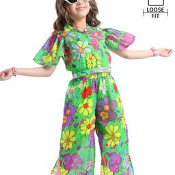 Ollington St. Georgette Woven Frill Sleeves Co-Ord Set Top & Culottes with Floral Print - Green-picture-38