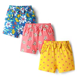 Babyhug Single Jersey Knit Mid Thigh Floral & Polka Dot Printed Shorts With Bow Applique Pack of 3 - Yellow Pink & Blue-picture-16