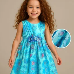 Babyhug Woven Sleeveless Party Frock with Floral Print & Floral Applique - Light Blue-picture-27