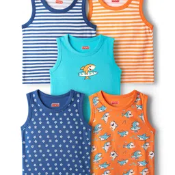 Babyhug 100% Cotton Knit Sleeveless Antibacterial Sando with Strips Stars & Shark Print Pack of 5 - Navy Blue & Orange-picture-27