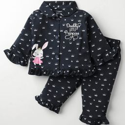 CUCUMBER Sinker Knit Full Sleeves Bunny Printed Front Open Night Suit - Navy Blue-picture-48