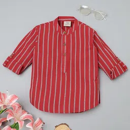 Rikidoos Cotton Woven Full Sleeves Striped Kurta Style Shirt - Red-picture-26