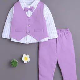 BUMZEE Cotton Knit Full Sleeves Striped 3 Piece Party Suit With Attached Bow - Lilac & White-picture-17