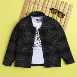 Ministitch Cotton Woven Full Sleeves Plaid Checked Shacket With Skate All Day Text Printed Tee - Olive Green-picture-24